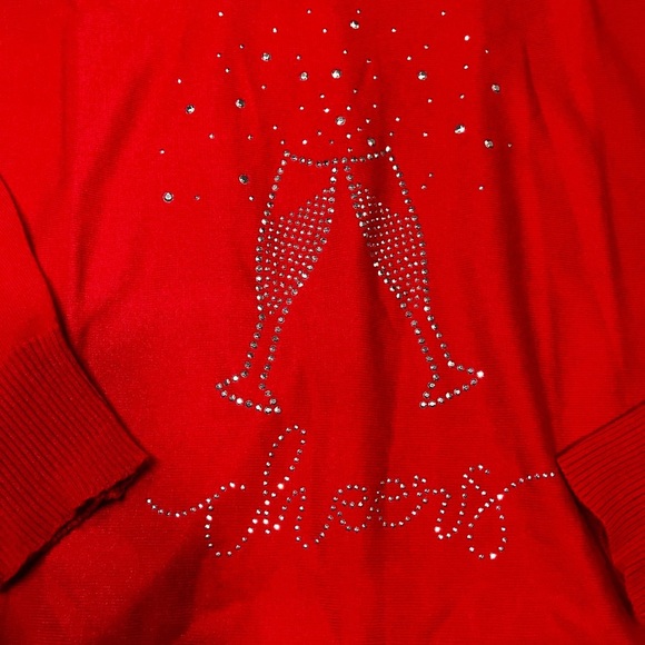 Adrienne Vittadini Red Crewneck Sweater with Cheers Design - Picture 2 of 4